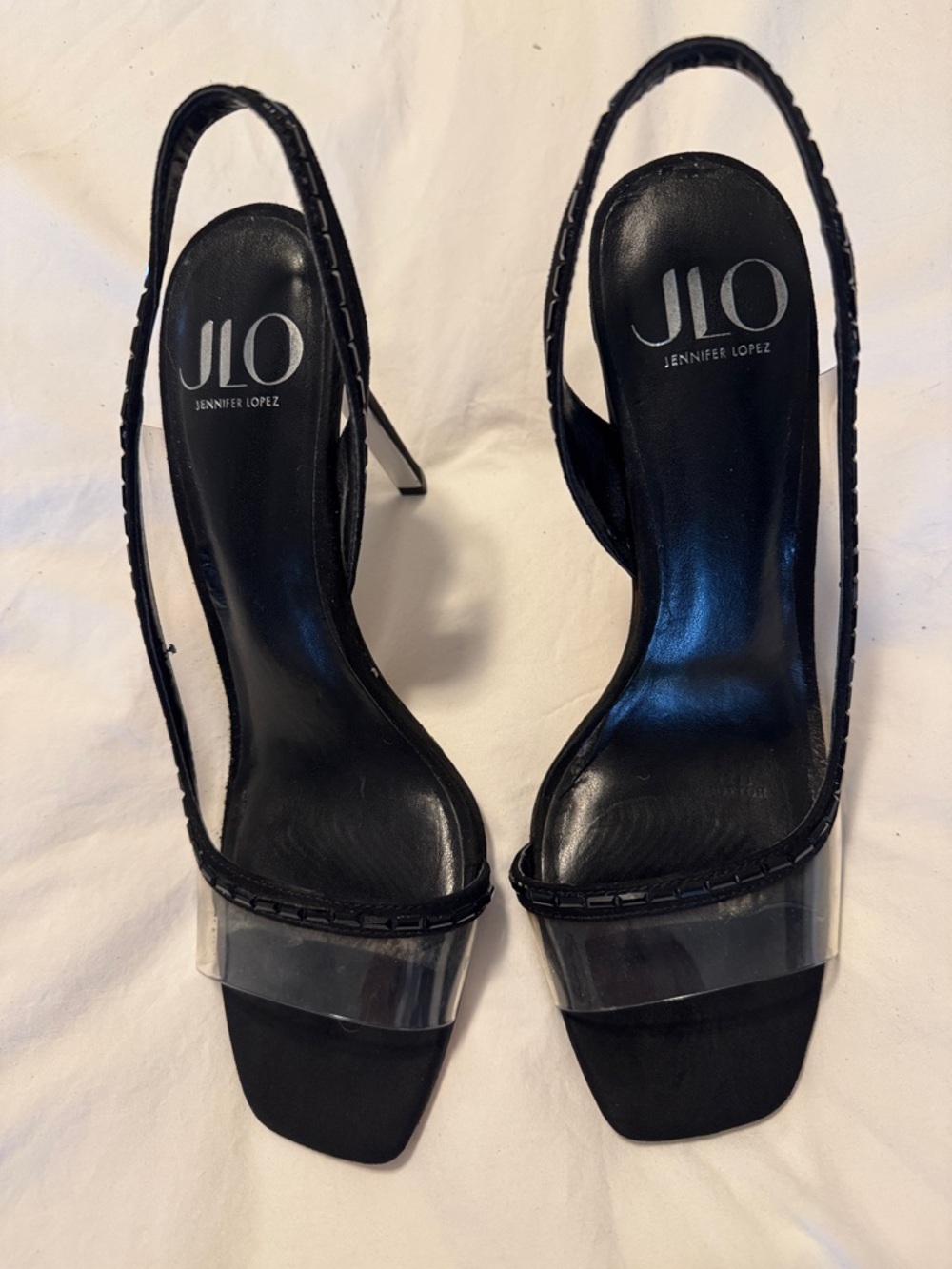 Jennifer Lopez Black and Clear Slingback Heels